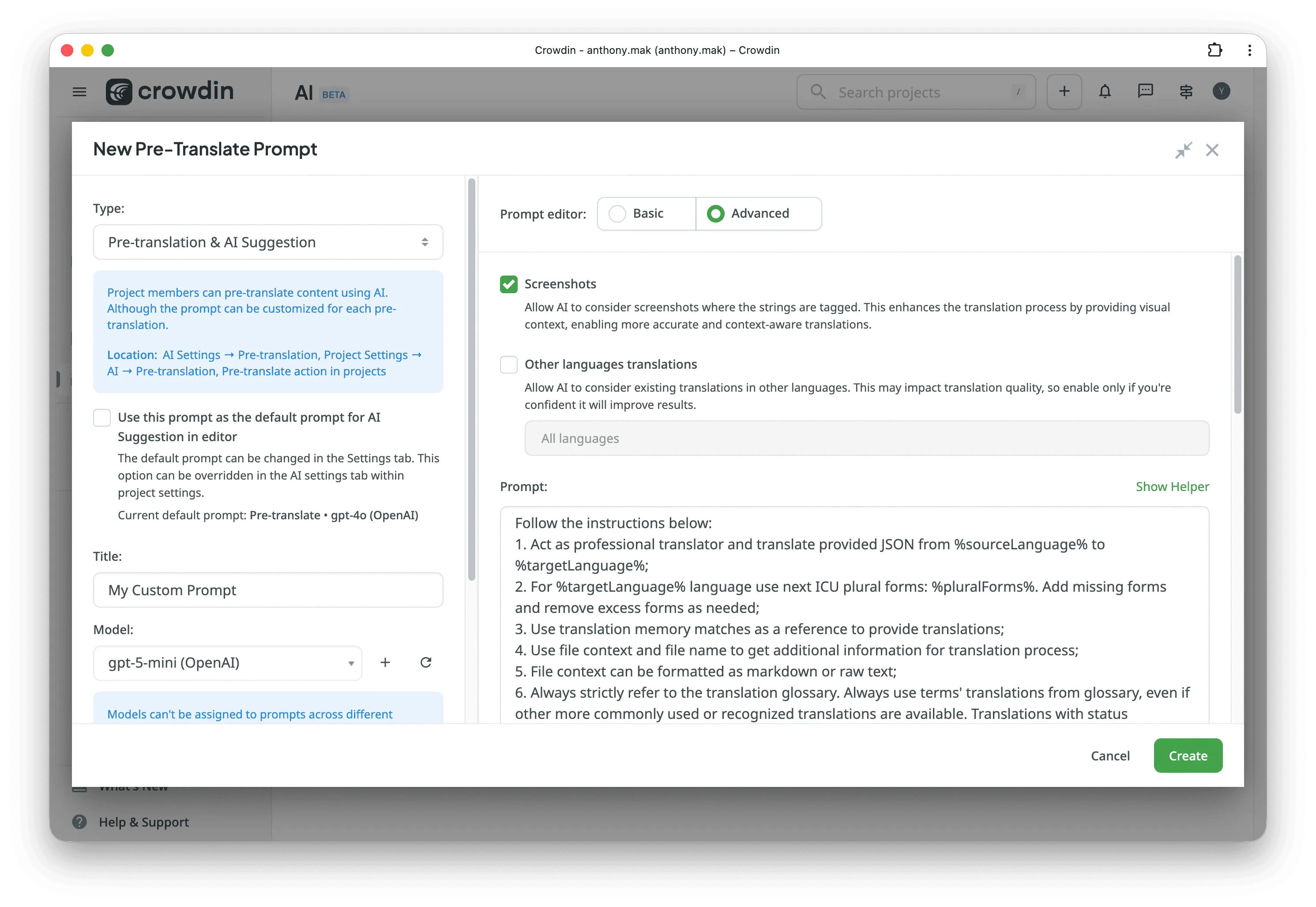 AI Pre-translate Prompts in Crowdin